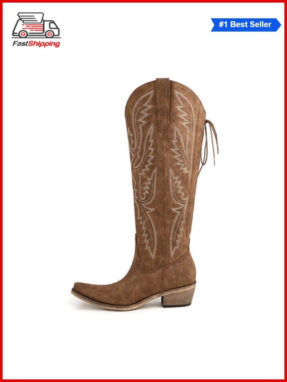 ✨ Atuelang Western Cowboy Knee High Wide Calf Lace Up Faux Leather Boots